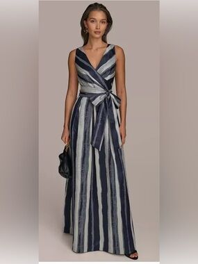 Donna Karan Navy and White Striped Wrap Maxi Dress